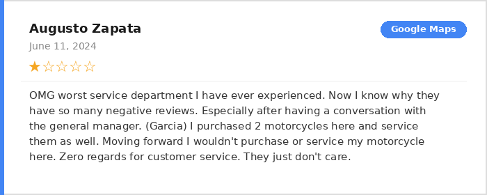 Augusto Zapata 1-star Google Maps review of BMW Motorcycles of Miami June 2024 - worst service department zero customer care