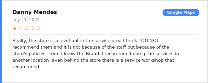Danny Mendes 1-star Google Maps review of BMW Motorcycles of Miami July 2024 - does not recommend service area bad store policies