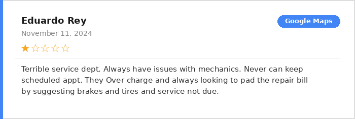 Eduardo Rey 1-star Google Maps review of BMW Motorcycles of Miami November 2024 - terrible service overcharging unnecessary repairs