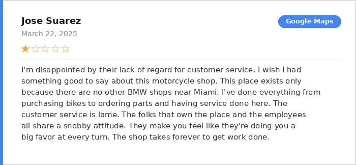 Jose Suarez 1-star Google Maps review of BMW Motorcycles of Miami March 2025 - disappointed by lack of customer service