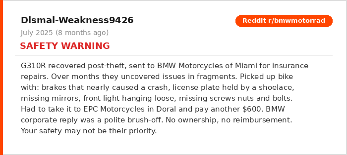 Reddit r/bmwmotorrad post about BMW Motorcycles of Miami returning bike in unsafe condition July 2025