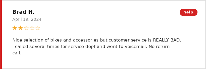 Brad H 2-star Yelp review of BMW Motorcycles of Miami April 2024 - service department voicemail no callbacks