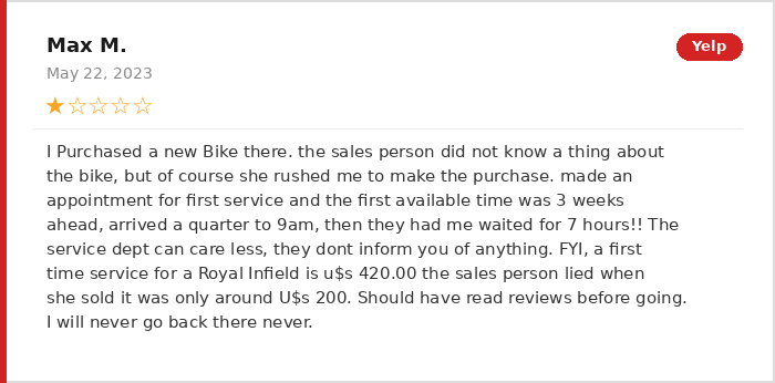 Max M 1-star Yelp review of BMW Motorcycles of Miami May 2023 - salesperson rushed sale overcharged for service waited 7 hours